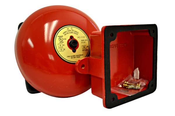 A fire alarm bell with a back box