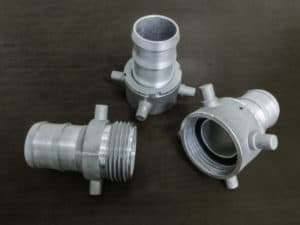 Three threaded aluminum hose couplings with pin lug swivels