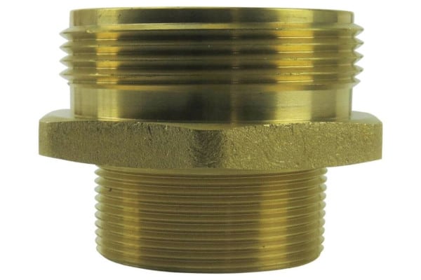 A threaded brass adapter with two different thread sizes and types.
