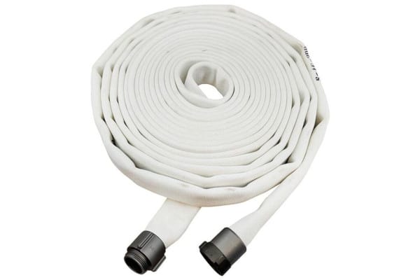 A white rolled double jacket fire hose