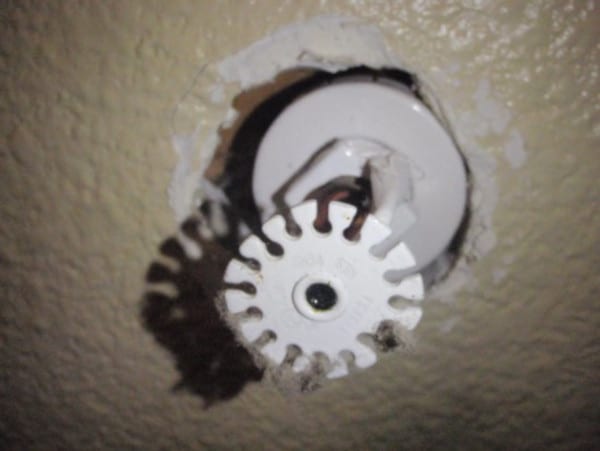 A white-finished pendent sprinkler in an open hole in the ceiling