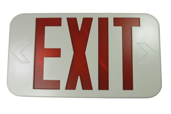 An exit sign with rounded corners and red text