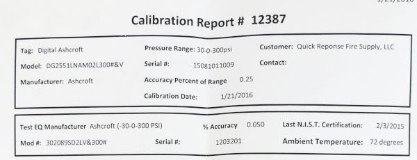 A calibration report for a nist traceable pressure gauge