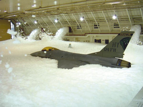 A foam system activates in an aircraft hanger