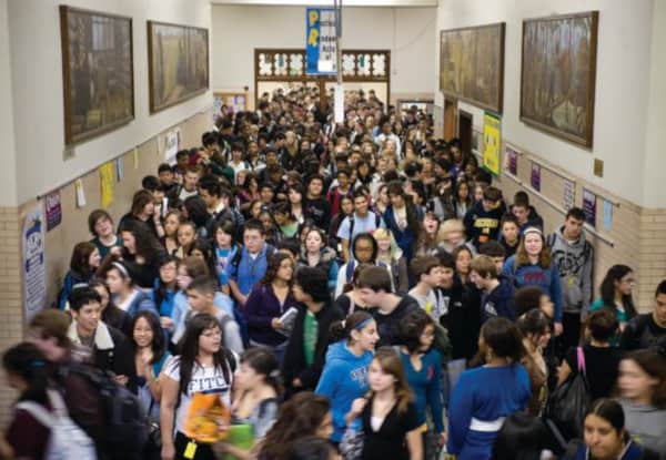 A crowded school hallway