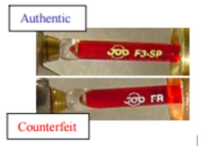Counterfeit fire sprinklers vs. real sprinklers glass bulb