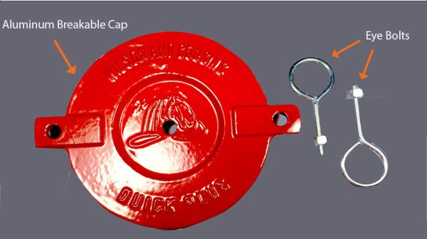 FDC cap components: a red breakable cap and two eye bolts