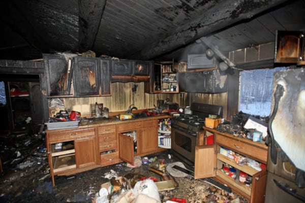 A kitchen destroyed by fire