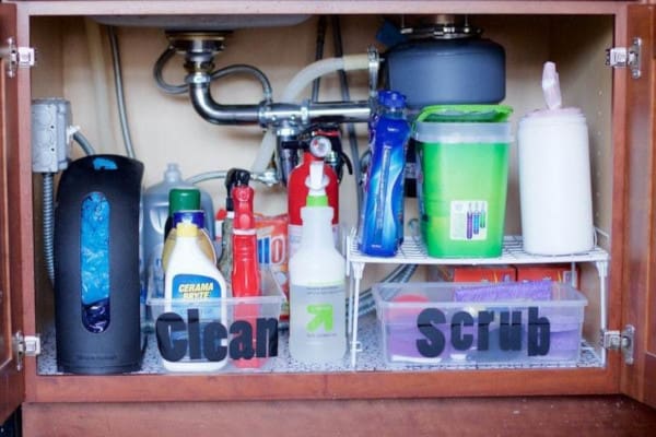 A fire extinguisher under the sink