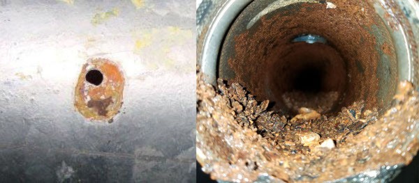 A pinhole leak in pipe