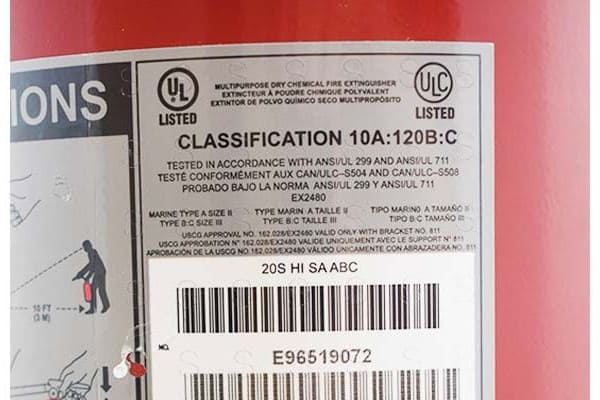 Label on a 120 B:C fire extinguisher