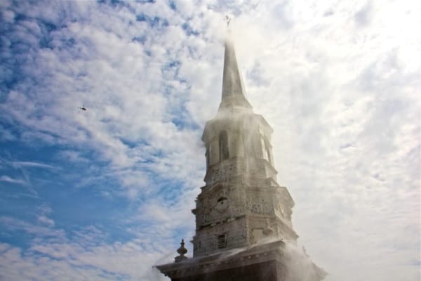 A fire sprinkler test at Christ Church in Philadelphia