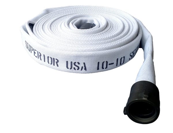 A coiled fire hose with aluminum couplings
