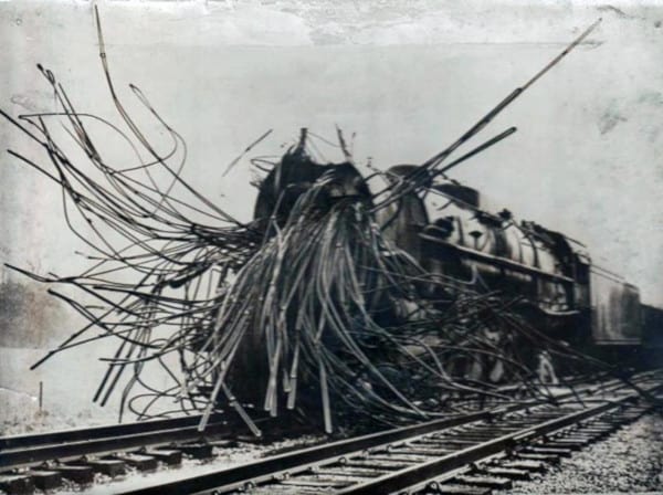 The remains of a train devastated by an internal steam explosion