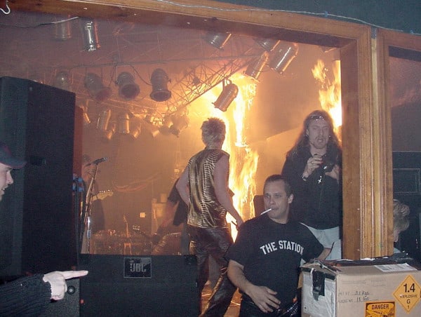 The flaming stage at the Station Nightclub