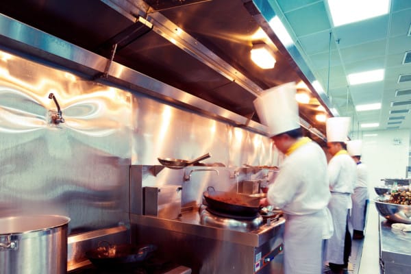 Fire sprinklers in a restaurant kitchen