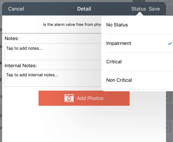 Deficiency status in fire sprinkler inspection software