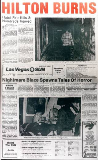 Newspaper headline of Hilton fire in Las Vegas