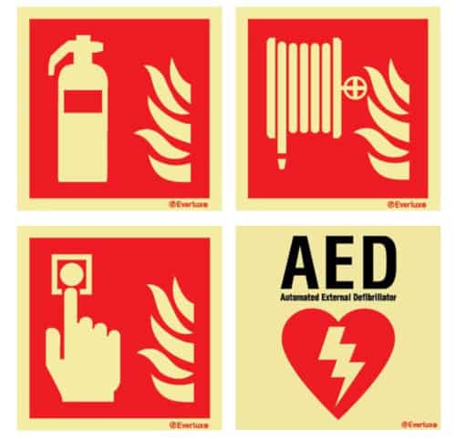 Picture of ISO Signs for Fire Extinguisher, Fire Hose, Fire Alarm CAll Point, and AED