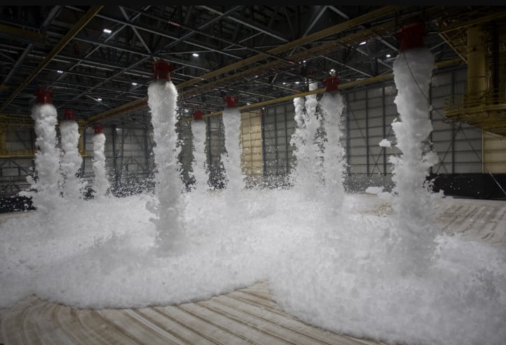 Foam fire suppression system spraying in a hangar. NFPA 25 changes include ITM for these systems.