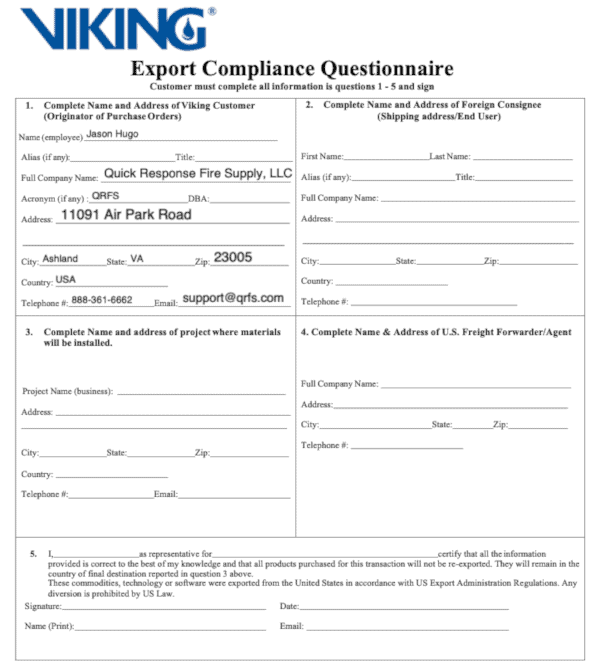 Viking export compliance form