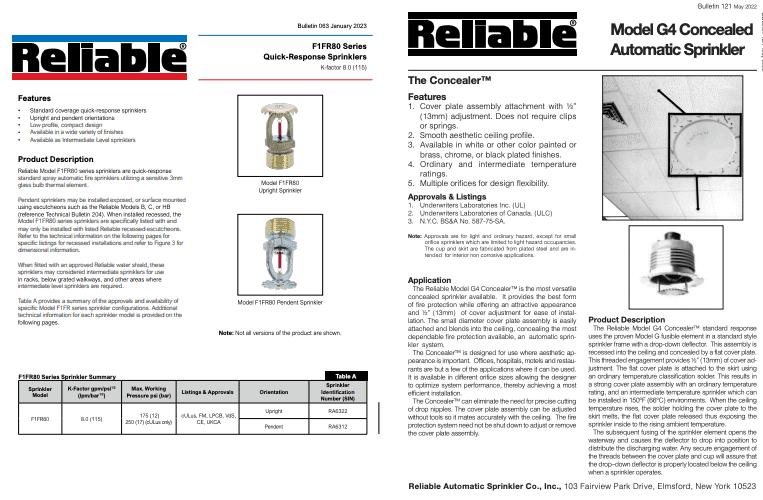 Old and new Reliable fire sprinkler bulletins