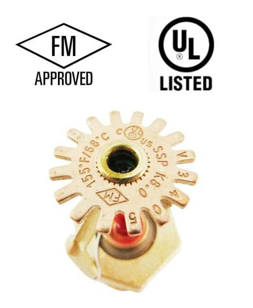 A fire sprinkler and listings marks