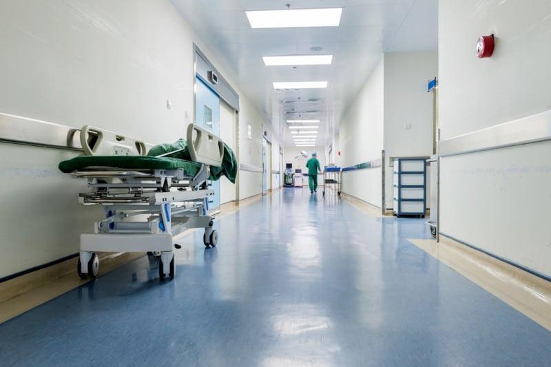 hospital hallway with fire protection and life safety systems
