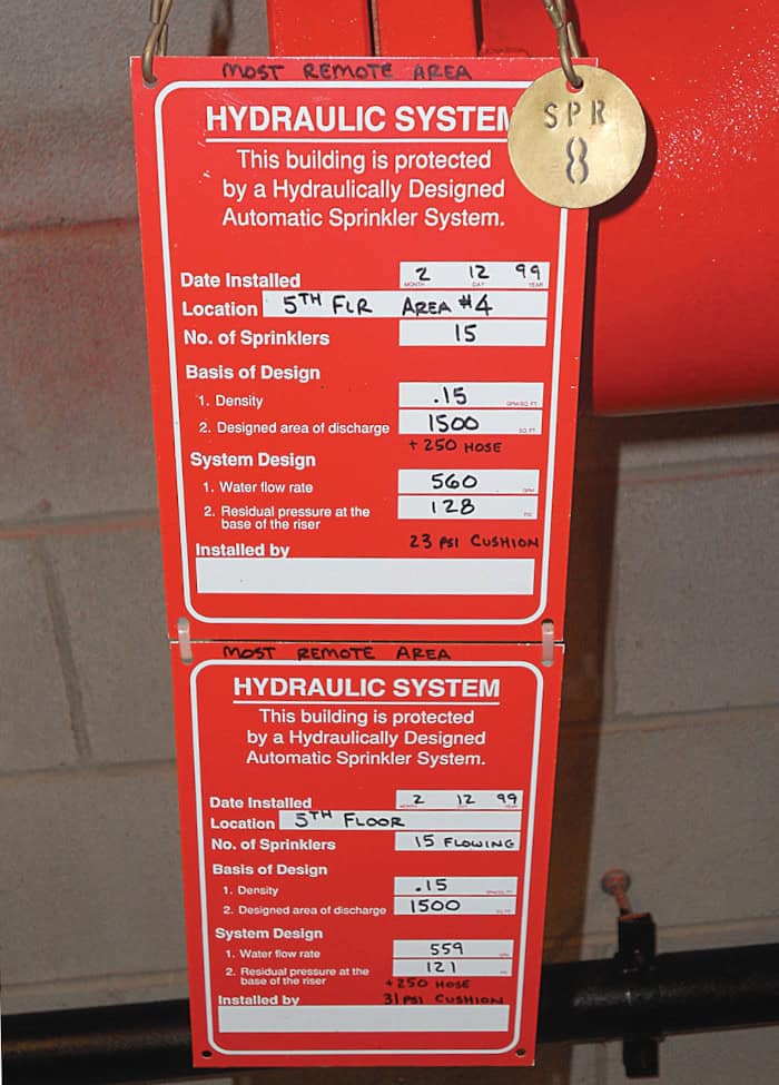 NFPA hydraulic design information sign